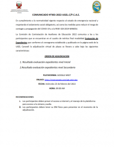 COMUNICADO N003 2022 UGEL C P C A E ADJUDICACIÓN AUXILIARES Ugel